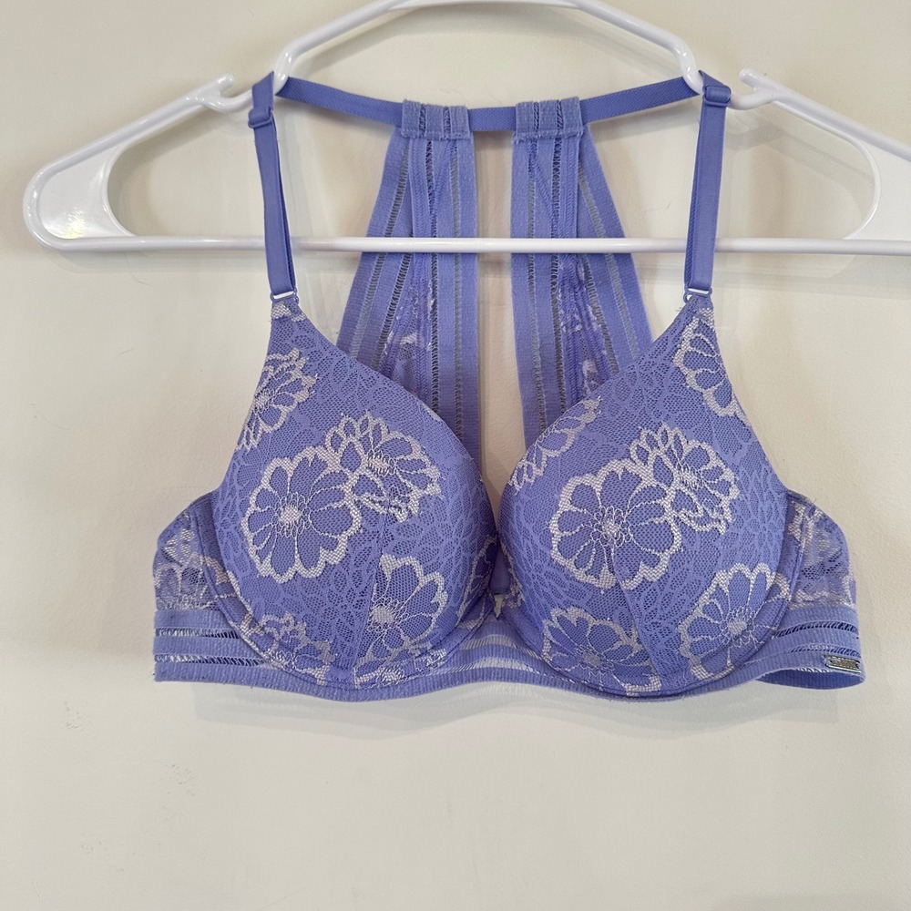 PINK Victoria's Secret Purple Floral Lace Racerback Push-Up Bra 30A
